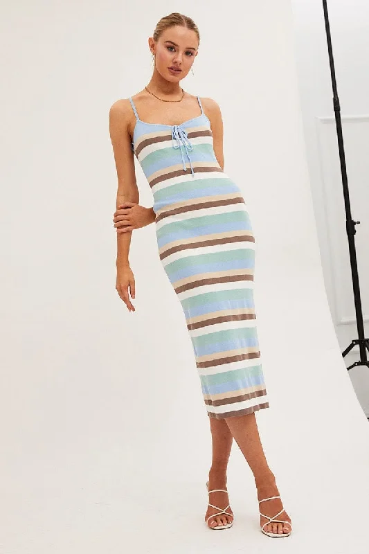 Blue Stripe Bodycon Dress Midi Sleeveless Knit