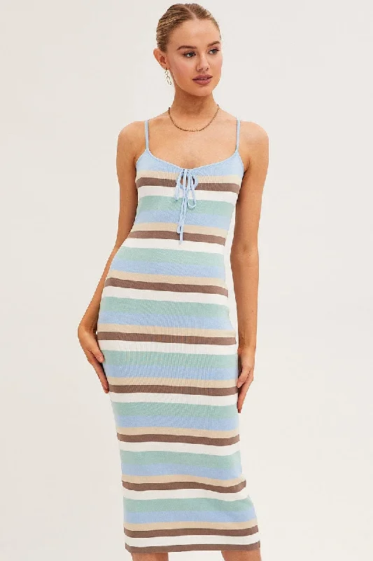 Blue Stripe Bodycon Dress Midi Sleeveless Knit