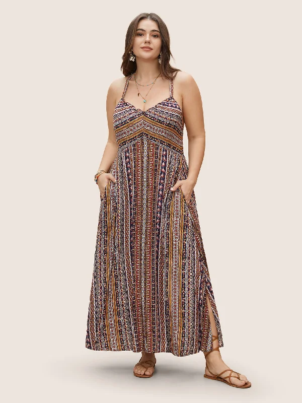 Boho Print Elastic Waist Split Hem Cami Dress