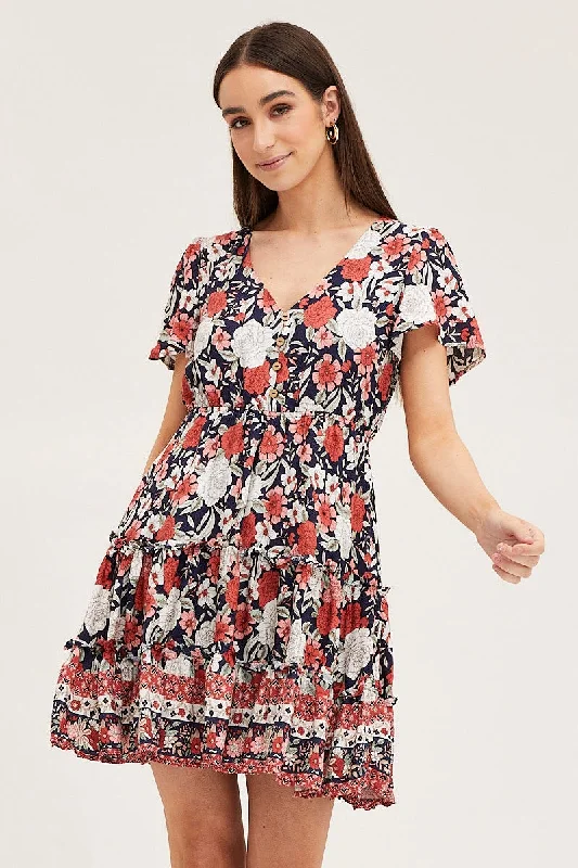 Boho Print Skater Dress Short Sleeve Mini V Neck