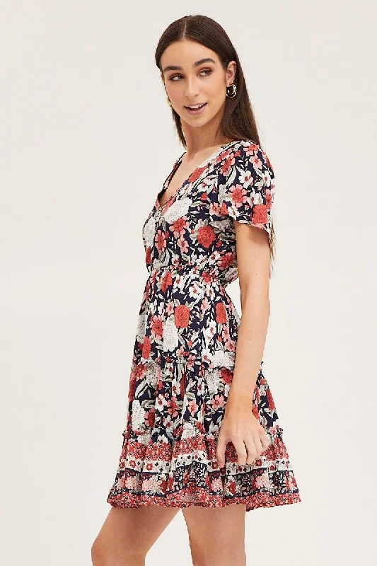 Boho Print Skater Dress Short Sleeve Mini V Neck