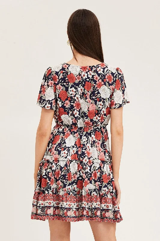 Boho Print Skater Dress Short Sleeve Mini V Neck