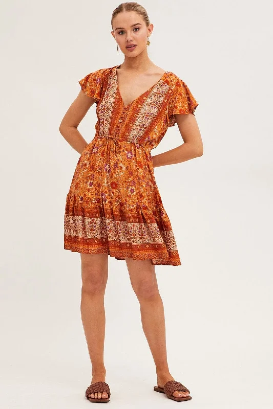 Boho Print Smock Dress Short Sleeve Mini V Neck