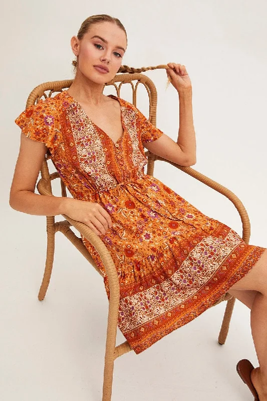 Boho Print Smock Dress Short Sleeve Mini V Neck