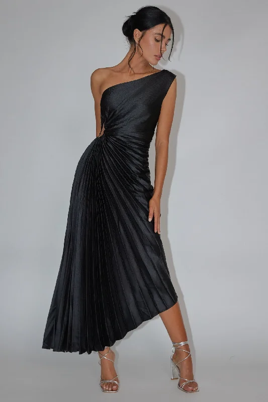 Brooklynn One-Shoulder Accordion Pleat Dress Black