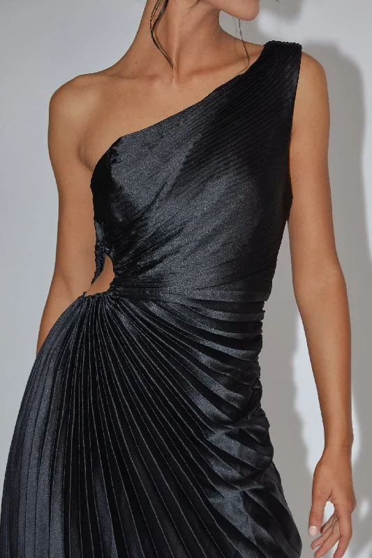 Brooklynn One-Shoulder Accordion Pleat Dress Black