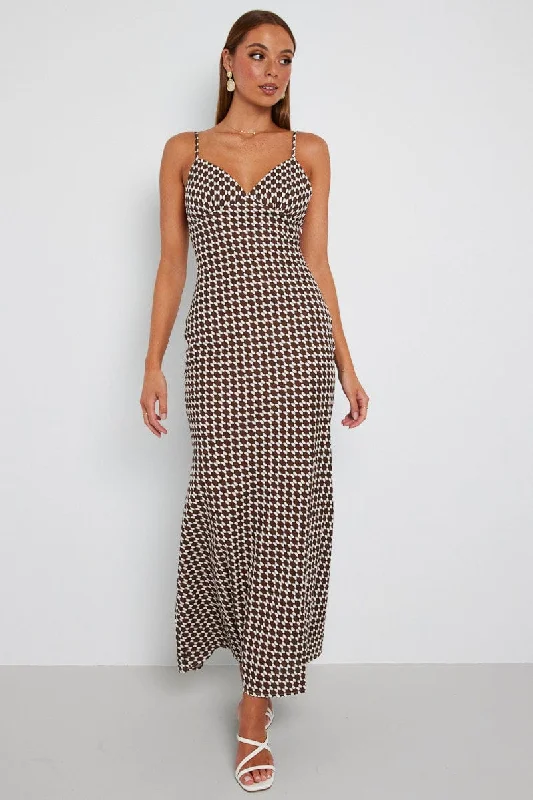 Brown Geo Maxi Dress Strappy