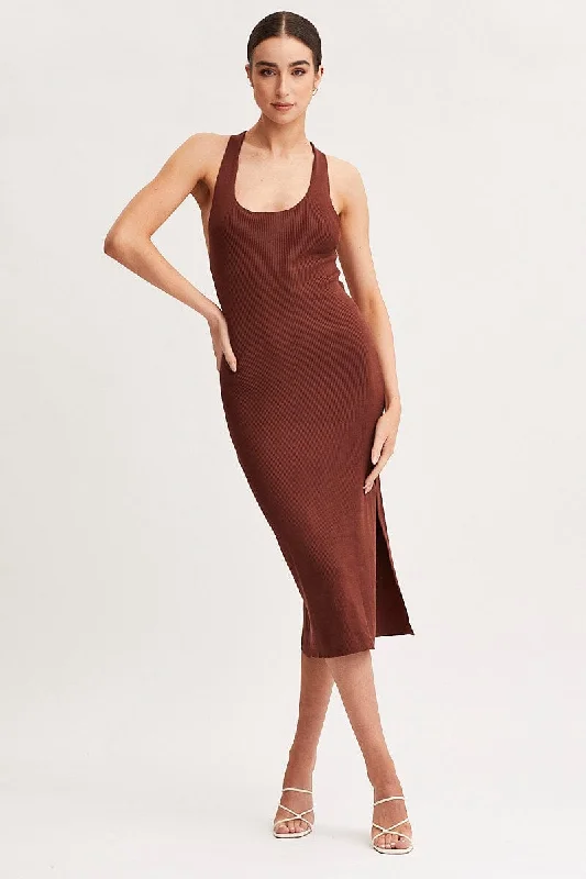 Brown Keyhole Dress Sleeveless Midi Knit