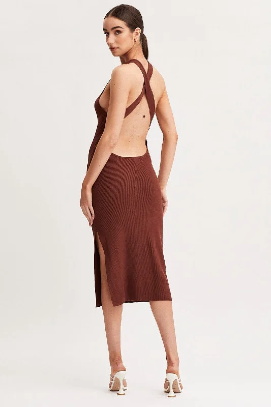 Brown Keyhole Dress Sleeveless Midi Knit