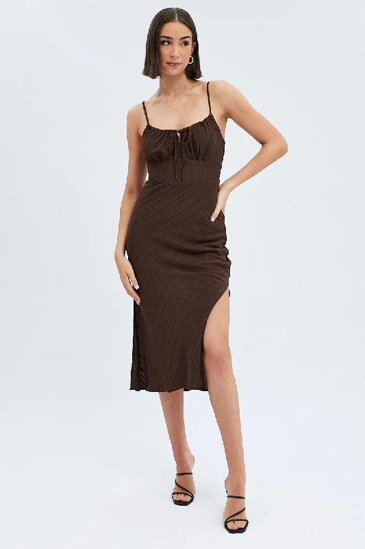 Brown Maxi Dress Sleeveless Ruched Bust