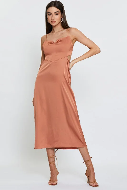 Brown Midi Dress Cowl Neck Satin