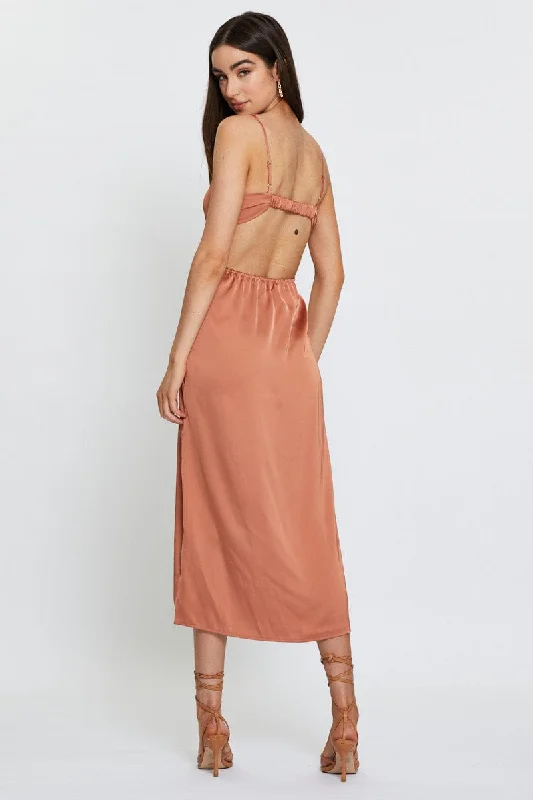 Brown Midi Dress Cowl Neck Satin