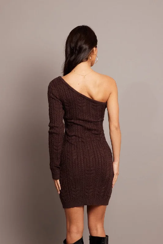 Brown One Shoulder Knitted Dress Long Sleeve