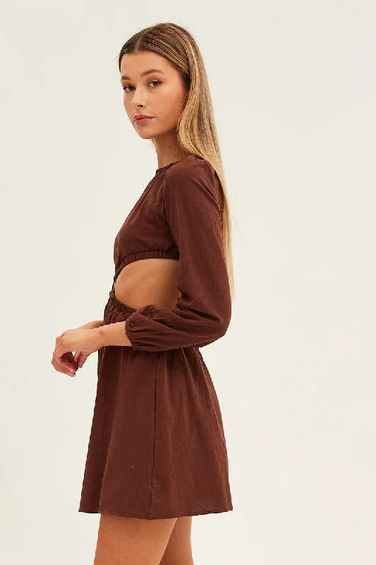 Brown Ring Detail Linen Dress