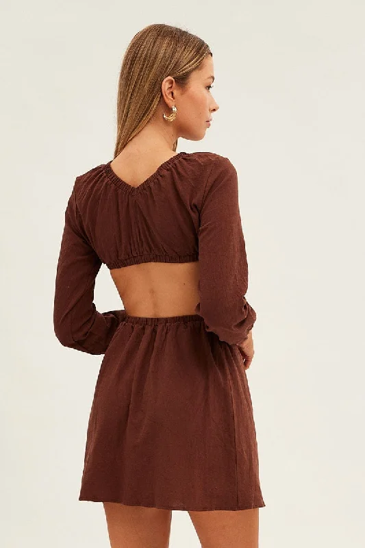 Brown Ring Detail Linen Dress