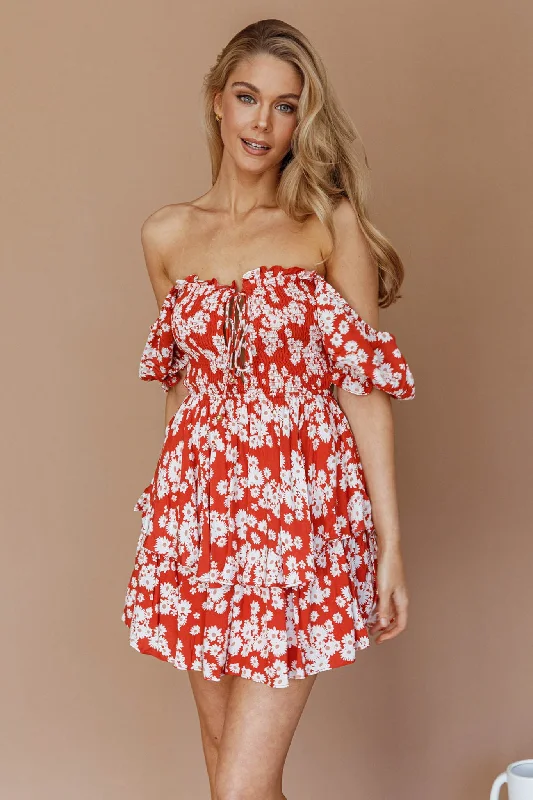 Buongiorno Bella Shirred Lace Up Mini Dress Floral Red