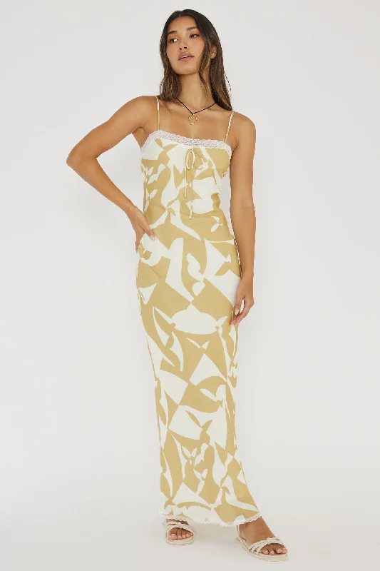 Cali Sunset Lace Trim Maxi Dress Print Yellow