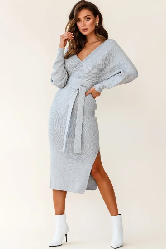 Cameo Batwing Knit Midi Dress Grey