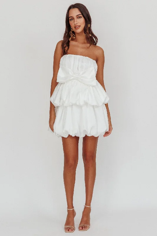 Carmelita Tiered Bubble Bow Mini Dress Off White