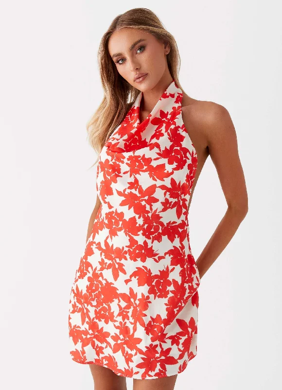 Carmine Bouquet Cowl Neck Mini Dress - Red Floral