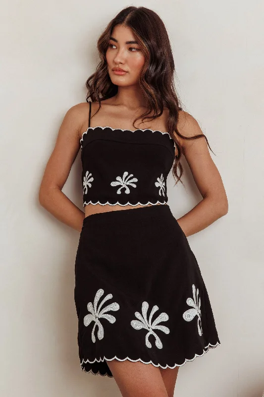 Carsyn Flower Embroidery A-Line Mini Skirt Black