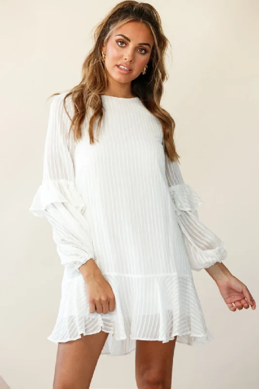 Cate Crew Neckline Balloon Sleeve Frill Dress White