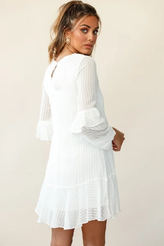 Cate Crew Neckline Balloon Sleeve Frill Dress White