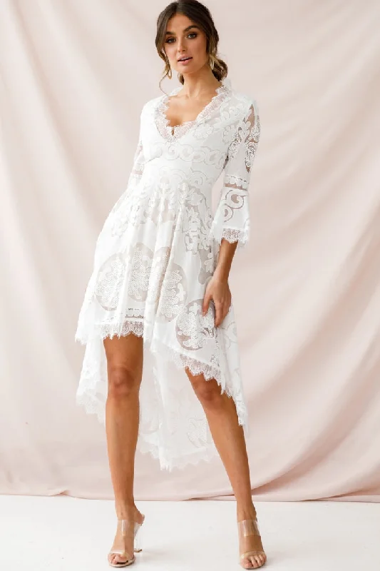 Chantilly High-Low Bell Sleeve Dress White