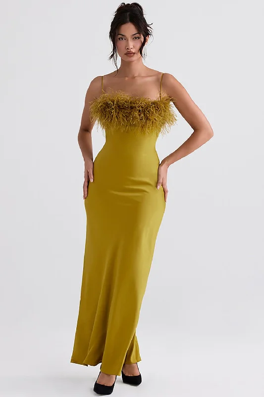 CHARTREUSE STRAPPY FEATHER-TRIM MAXI DRESS