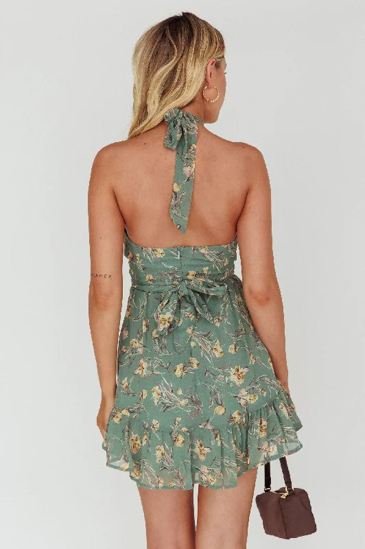 Chase Me Halterneck Mini Dress Floral Sage