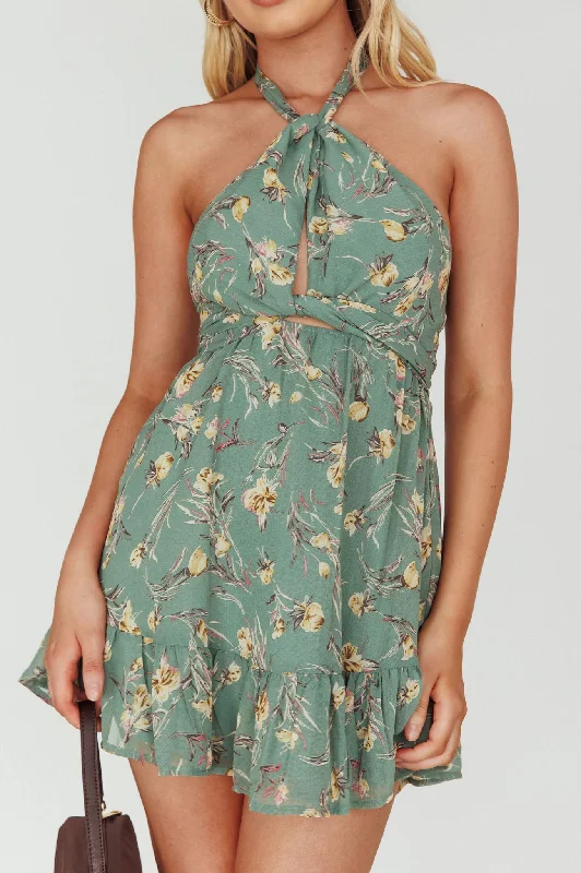 Chase Me Halterneck Mini Dress Floral Sage