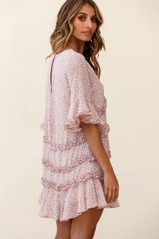 Chasing Daisies Fluted Sleeve Frill Trim Shift Dress Sprinkle Print Pink