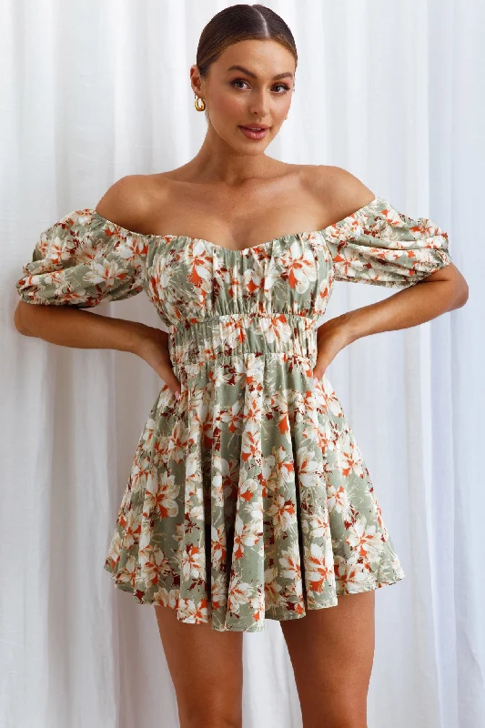 Chasing Sunsets Off-Shoulder Mini Dress Floral Green