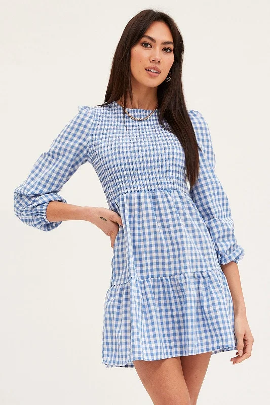 Check Skater Dress Long Sleeve Mini