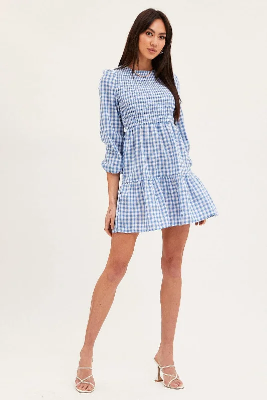 Check Skater Dress Long Sleeve Mini