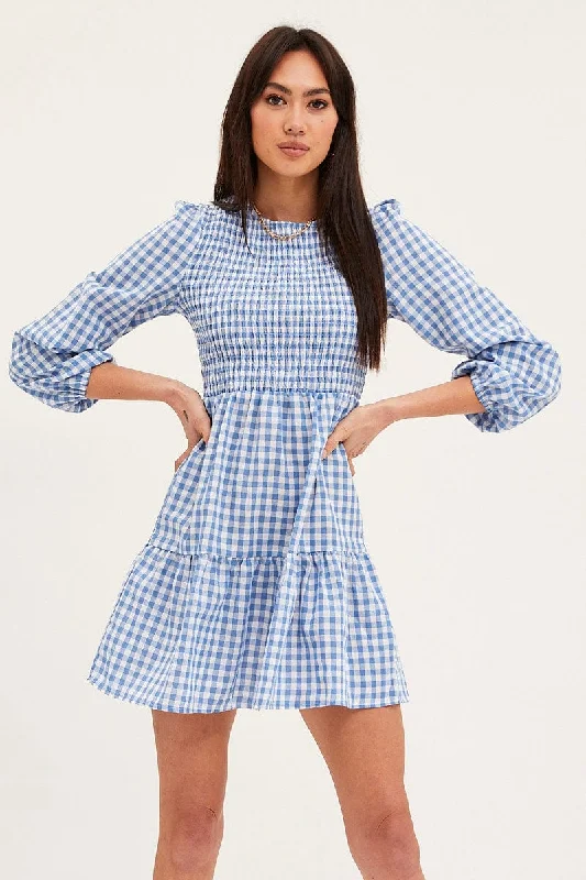 Check Skater Dress Long Sleeve Mini