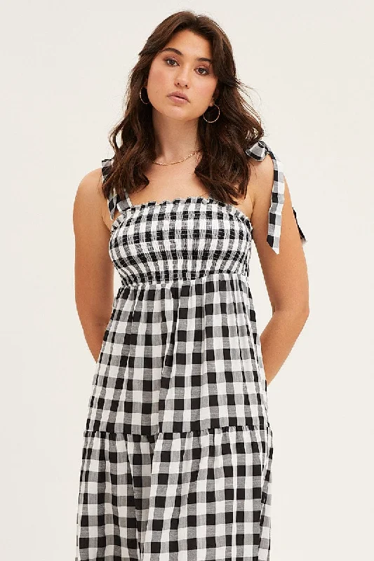 Check Tied Shoulder Midi Dress