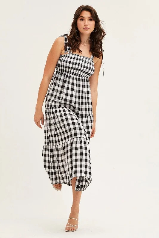 Check Tied Shoulder Midi Dress