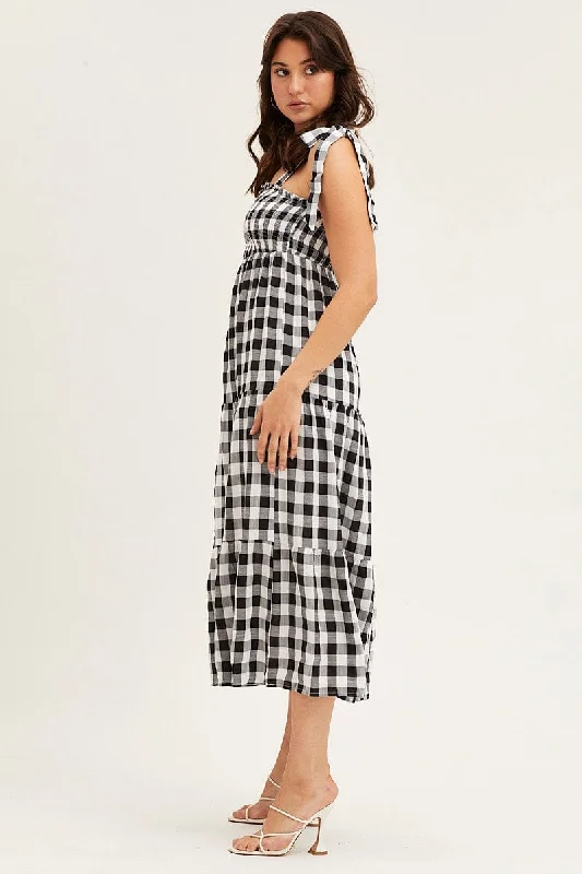 Check Tied Shoulder Midi Dress