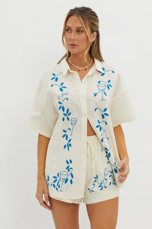 Ciao Ciao Embroidered Button-Up Shirt Beige