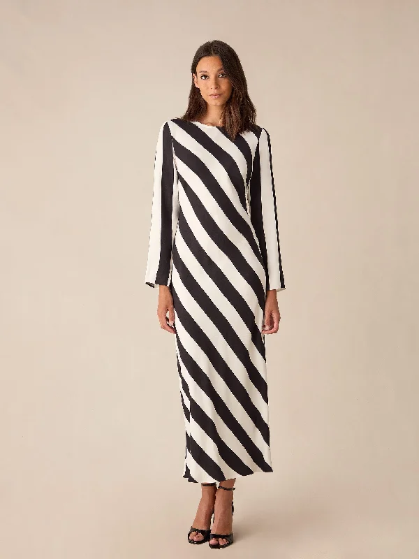 Clara Mono Stripe Print Bias Cut Maxi Dress