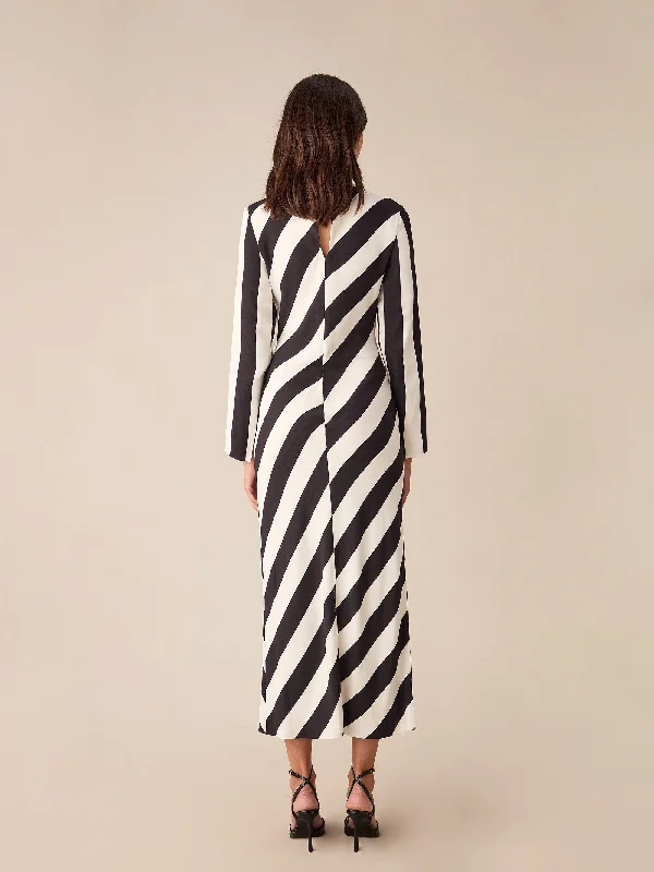 Clara Mono Stripe Print Bias Cut Maxi Dress