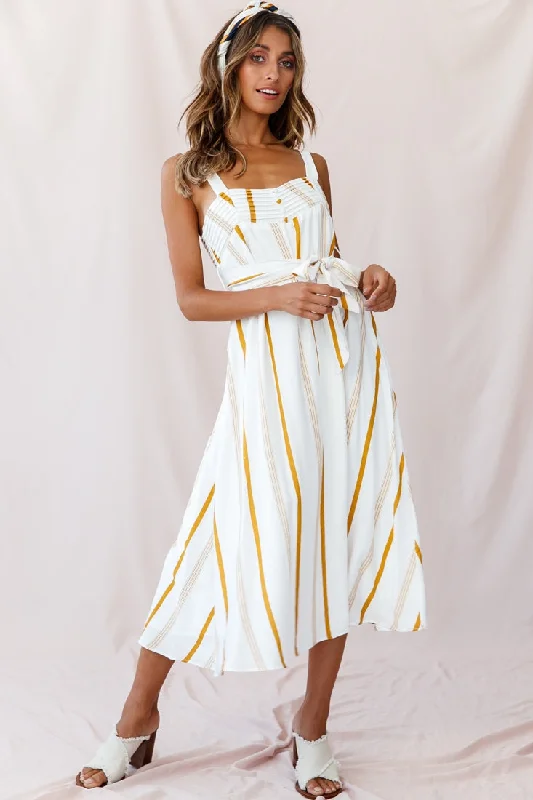 Colmar Wide Strap Midi Dress White Mustard Stripe