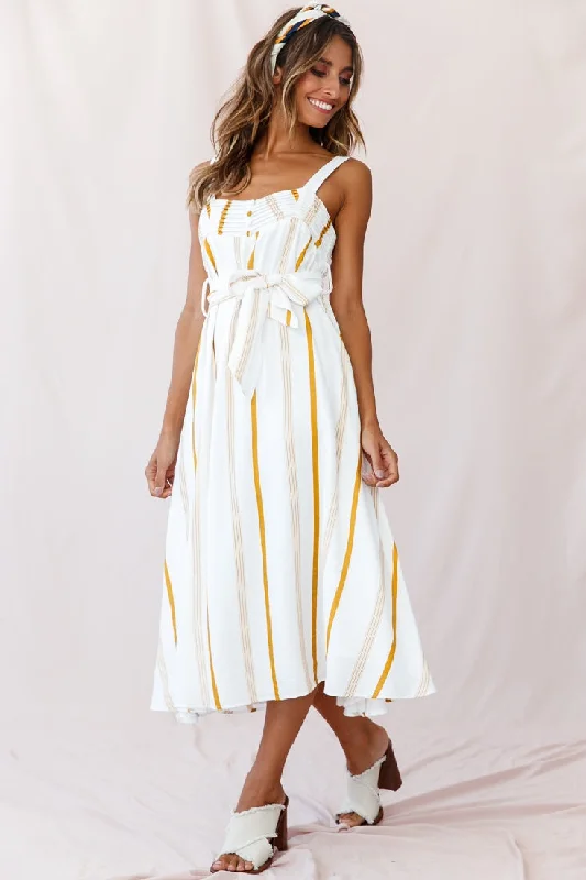 Colmar Wide Strap Midi Dress White Mustard Stripe