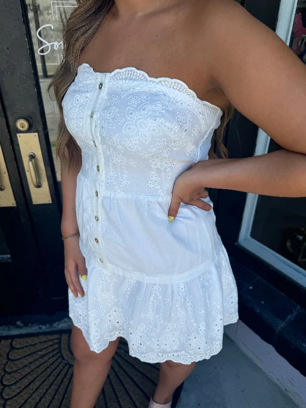 White strapless eyelet dress