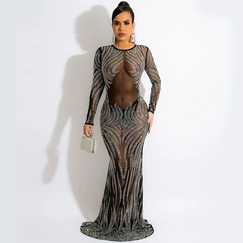 Evening Club Party Dress Women Autumn Long Sleeve Mesh Maxi Dress