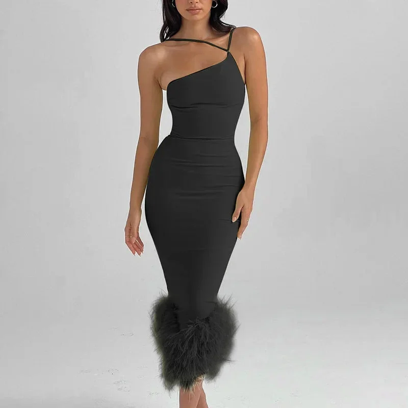 Sexy Feather Dress Women Autumn Winter One Shoulder Maxi Dress