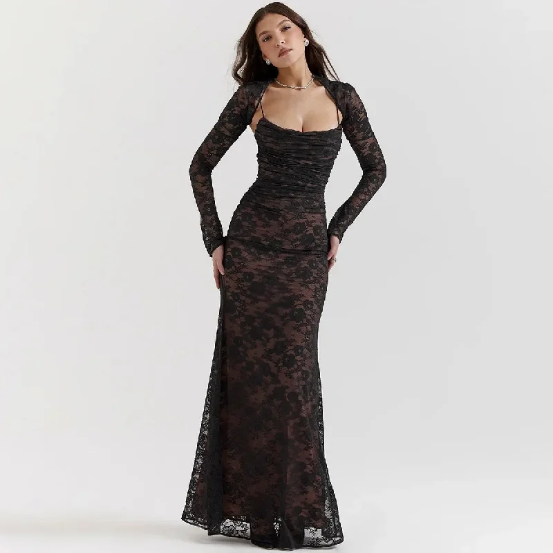 Sexy Lace Bandage Maxi Long Dress Women Autumn Party Maxi Dress