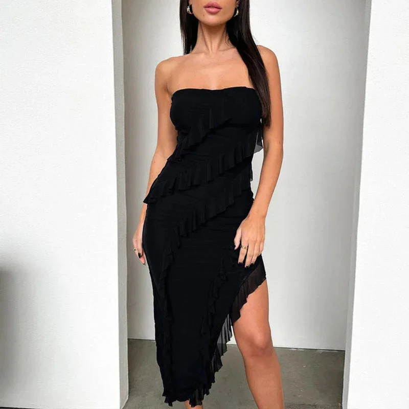 Sexy Ruffles Summer Dress Women Elegant Club Party Split Dress