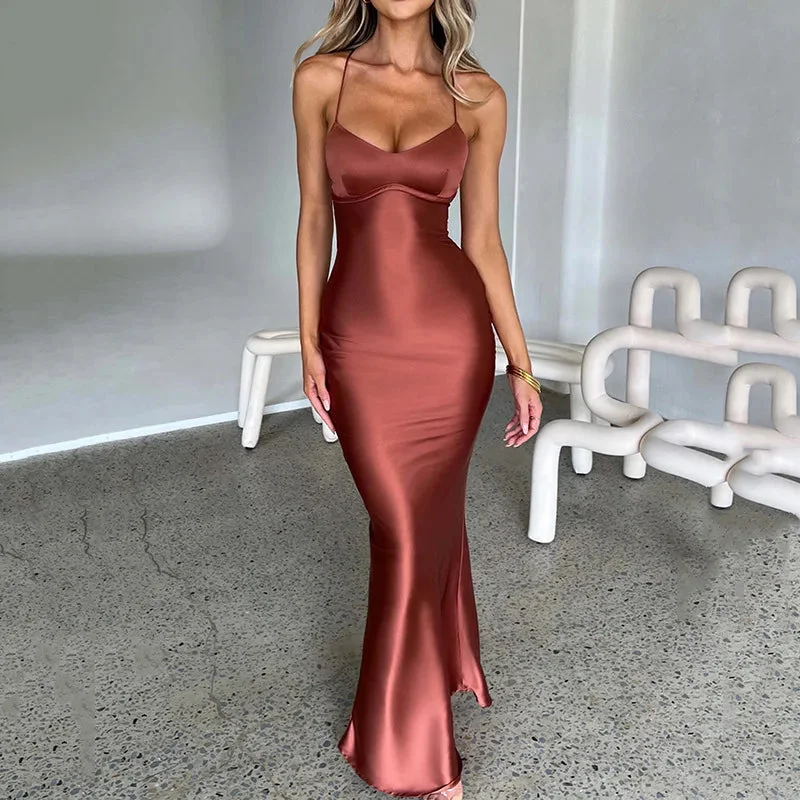 Sexy Satin Evening Club Party Dress Women Strapless Maxi Dress